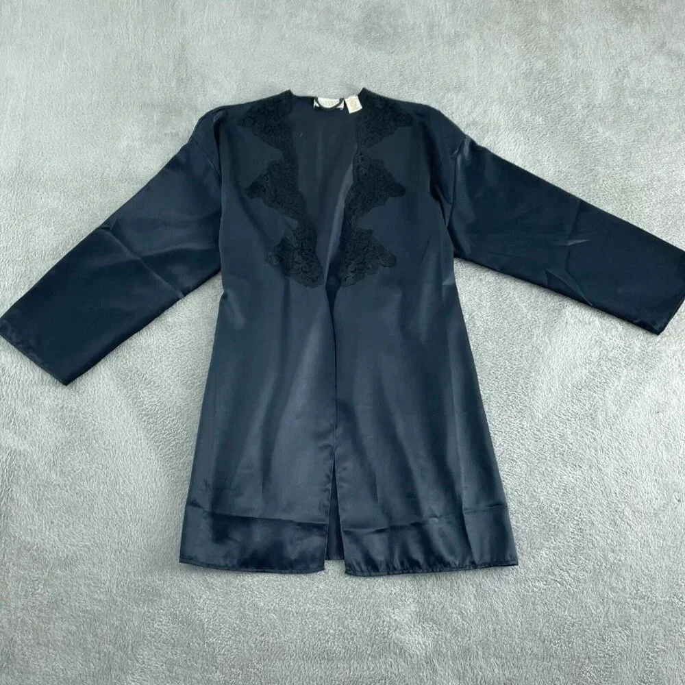 Victorias Secret Black Lace Trim Satin Robe 0 Polyester & Nylon Women 4887